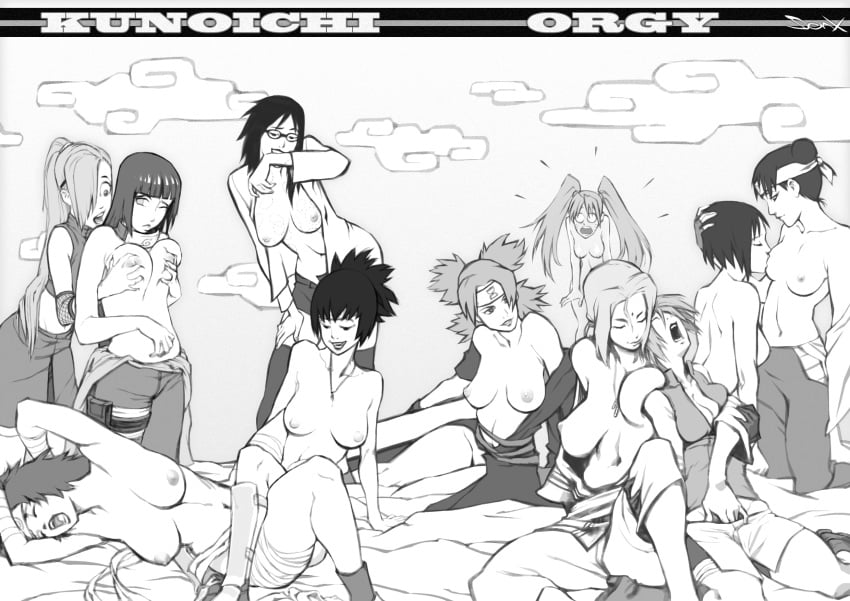 11girls 6+girls areola armpits bandage bite_mark biting black_hair breast_grab breast_sucking breasts canon_genderswap cleavage closed_eyes english female fingering forehead_protector freideugoi glasses grin group_sex gsears haruno_sakura highres human hyuuga_hinata ino_yamanaka kunoichi kurenai_yuhi large_breasts long_hair mitarashi_anko monochrome multiple_girls naruko naruto naruto_shippuden nipples open_clothes open_mouth open_shirt orgy ponytail rule_63 sakura_haruno sex shirt shizune short_hair shorts smile temari tenten thighhighs tied_hair topless tribadism tsunade twintails uzumaki_karin uzumaki_naruto yamanaka_ino yuri yuri_orgy yuuhi_kurenai