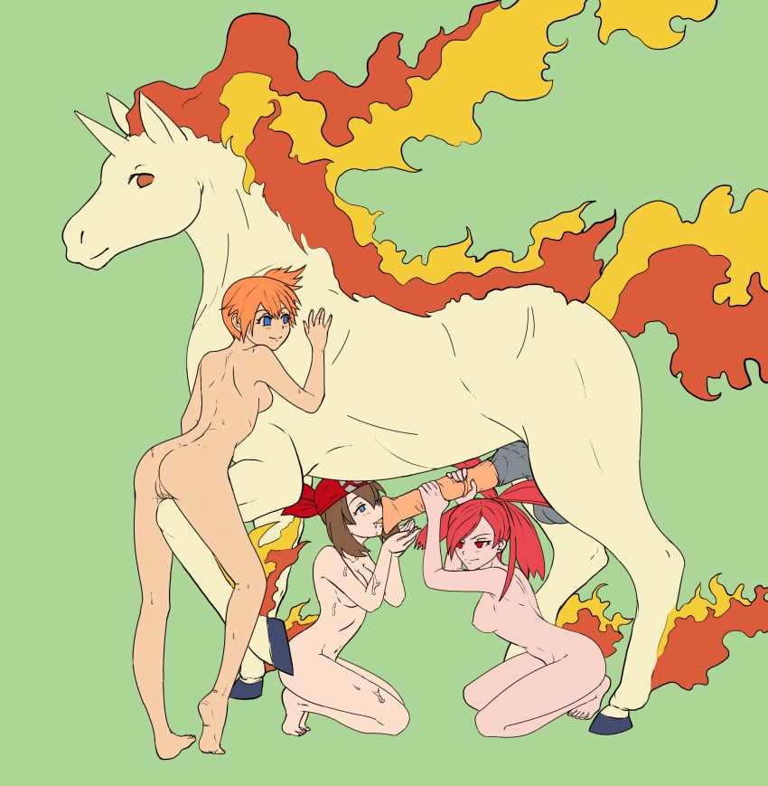 1boy 3girls balls beige_fur beige_skin bestiality blue_eyes breasts brown_hair color equine erection fellatio female fiery_mane fiery_tail fire flannery_(pokemon) fur furry_ears horn horse horsecock human interspecies kasumi_(pokemon) kneeling male male_rapidash mane may_(pokemon) misty_(pokemon) multiple_girls nintendo nipples nude open_eyes oral oral_sex orange_hair penis pointy_ears pokémon_(species) pokemon pokemon_(species) pokephilia precum pussy pussy_juice rapidash red_eyes red_hair short_hair side_view tail unknown_artist video_games zoophilia