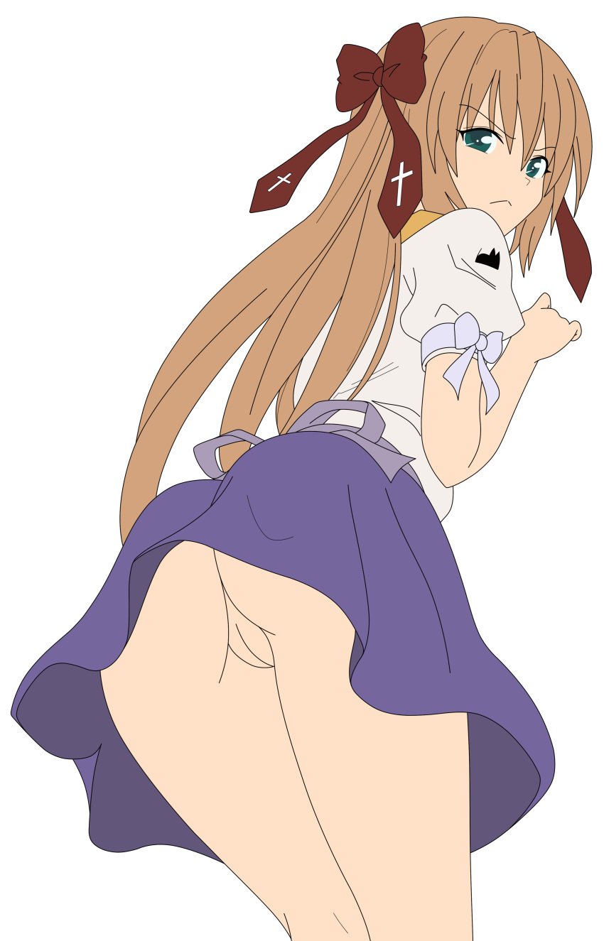 1girls ass brown_hair busakumas female female_only green_eyes highres human legs long_hair mayoi_neko_overrun! no_panties photoshop pussy ribbons serizawa_fumino skirt solo thighs uncensored upskirt vector_trace