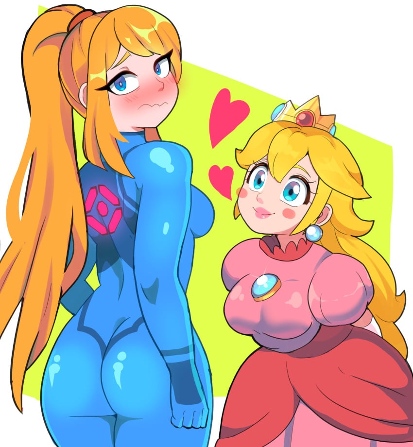 2girls absurdres arms_behind_back artist_progress ass back bbycheese blonde_hair blue_eyes blush bodysuit breasts brooch closed_mouth crossover crown dress earrings elbow_gloves embarrassed feet_out_of_frame from_behind gloves heart highres jewelry lips lipstick long_dress long_hair looking_at_another looking_back makeup mario_(series) metroid multiple_girls nose_blush pink_dress ponytail princess_peach puffy_short_sleeves puffy_sleeves redrawn samus_aran short_sleeves shy sidelocks simple_background skin_tight smile sphere_earrings super_smash_bros. white_background white_gloves yuri zero_suit zero_suit_samus