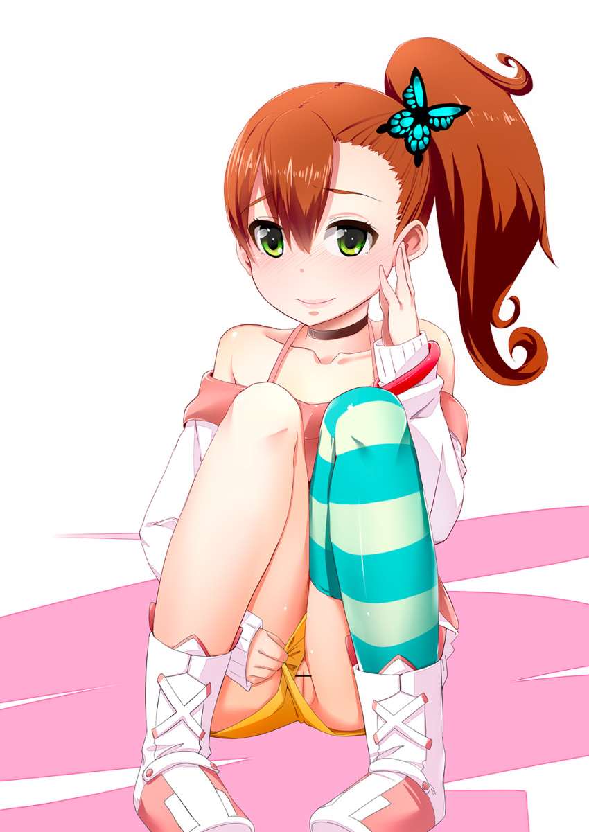 1girls bare_shoulders blush boots brown_hair butterfly_hair_ornament censored chousoku_henkei_gyrozetter female green_eyes hair_ornament highres inaba_rinne lips long_sleeves looking_at_viewer pussy ribbon_choker short_hair shorts shorts_aside side_ponytail single_thighhigh sitting smile striped striped_legwear thighhighs undo-chuu