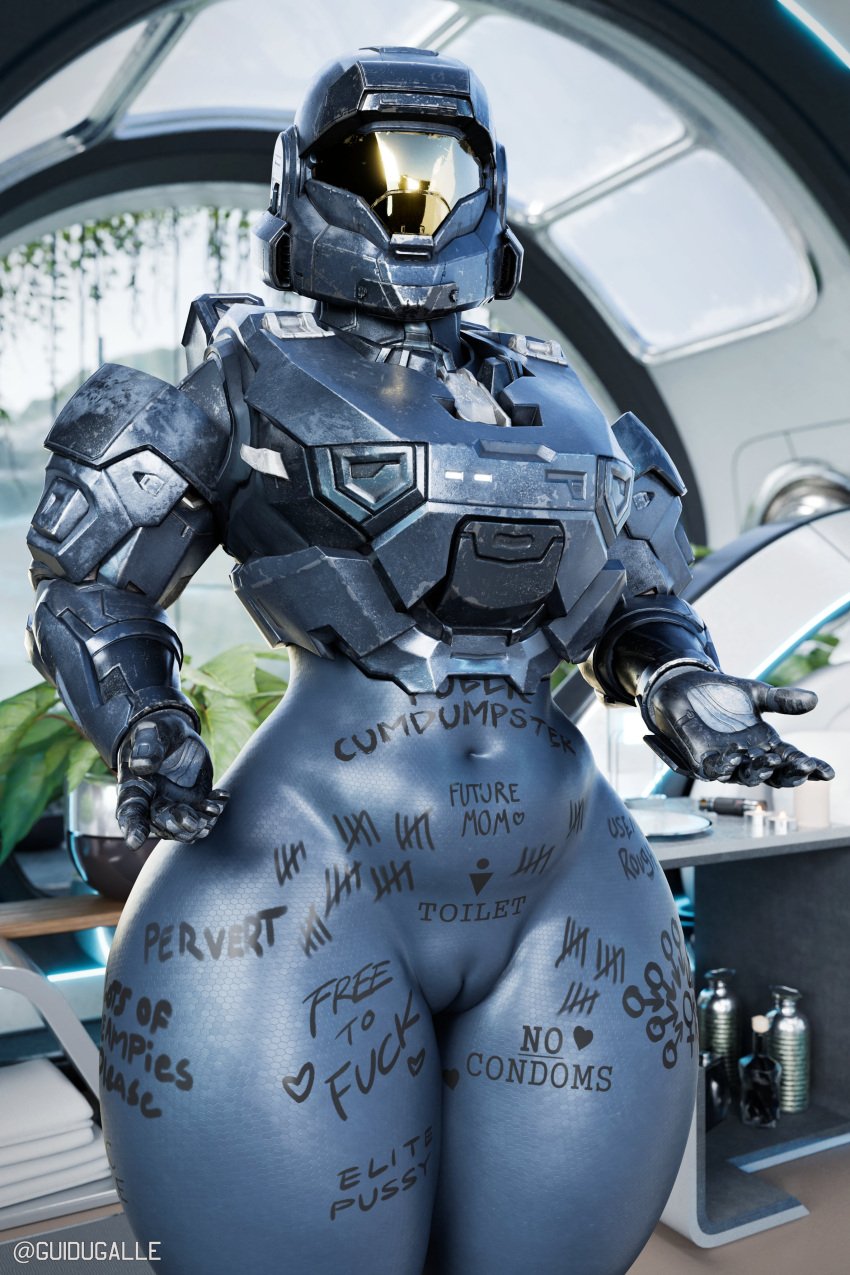 1girls 3d armored_female body_writing bodysuit bodywriting cameltoe cum_dump cum_dumpster degradation degradation_text degrading_tattoo fat_pussy female female_spartan_(halo) free_use guidugalle guimontag halo_(series) large_hips potential_impregnation power_armor spartan_(halo) tally_marks thick_thighs waiting_for_sex