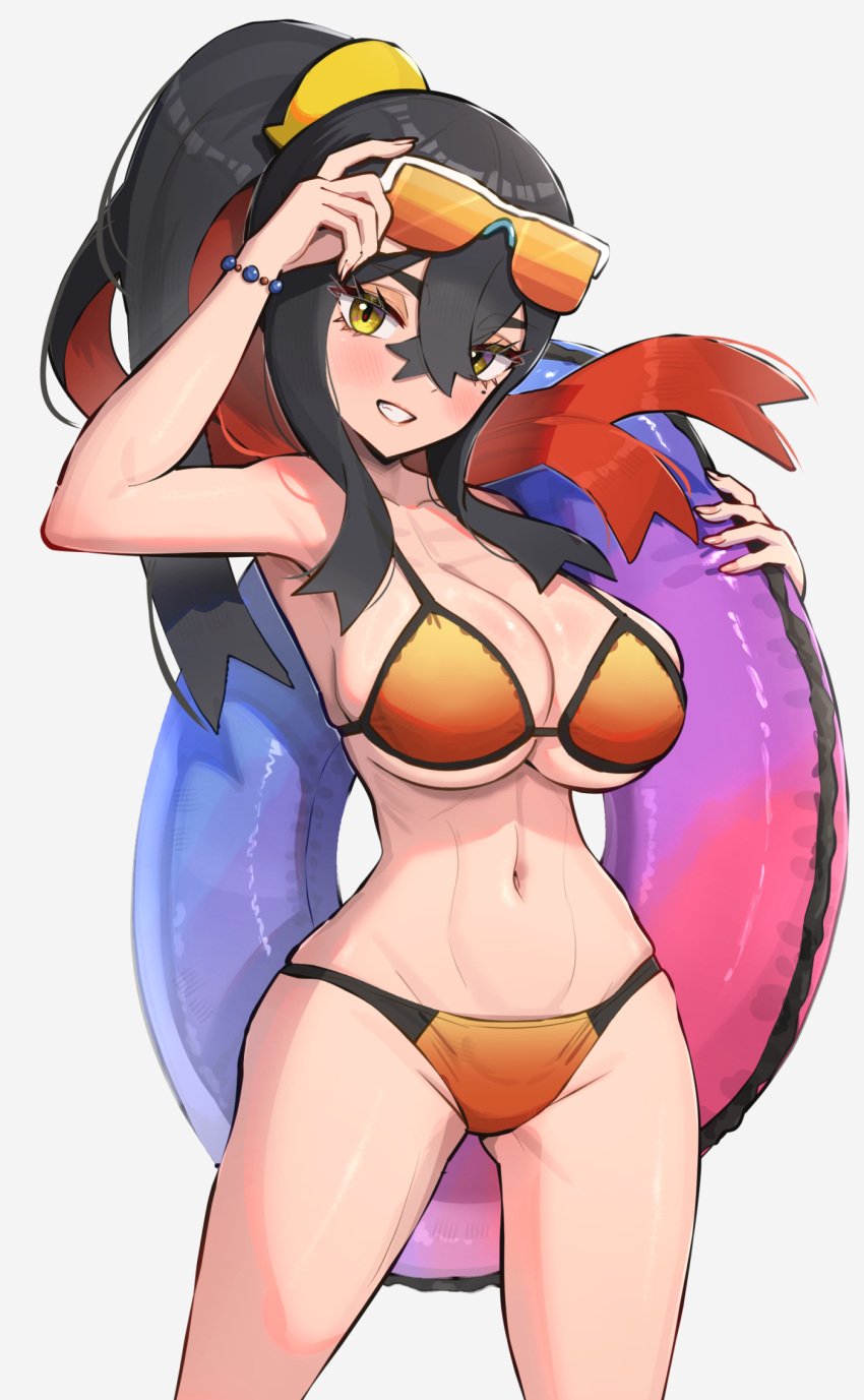 1girls alternate_breast_size alternate_hairstyle bikini black_hair breasts carmine_(pokemon) eyewear eyewear_on_head female floatie gonzarez human large_breasts light-skinned_female light_skin long_hair nintendo orange_bikini orange_eyes pokemon pokemon_sv pokemon_sv_teal_mask red_hair smile sunglasses swimsuit thick_thighs two_tone_hair