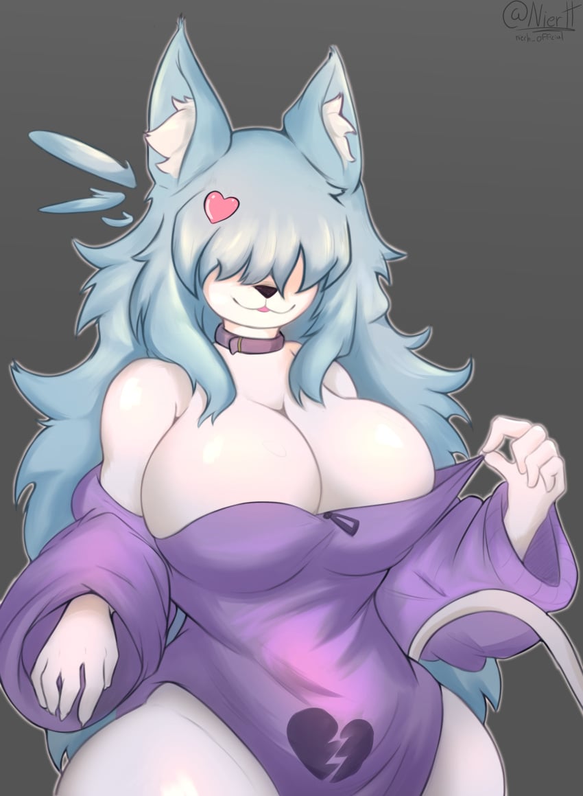 1girl 1girls big_breasts blue_hair broken_heart collar feline female female_only furry furry_female grey_background heart_pin hi_res nierh pulling_clothing purple_dress revealing_clothing souldrivenlove thick_thighs white_fur