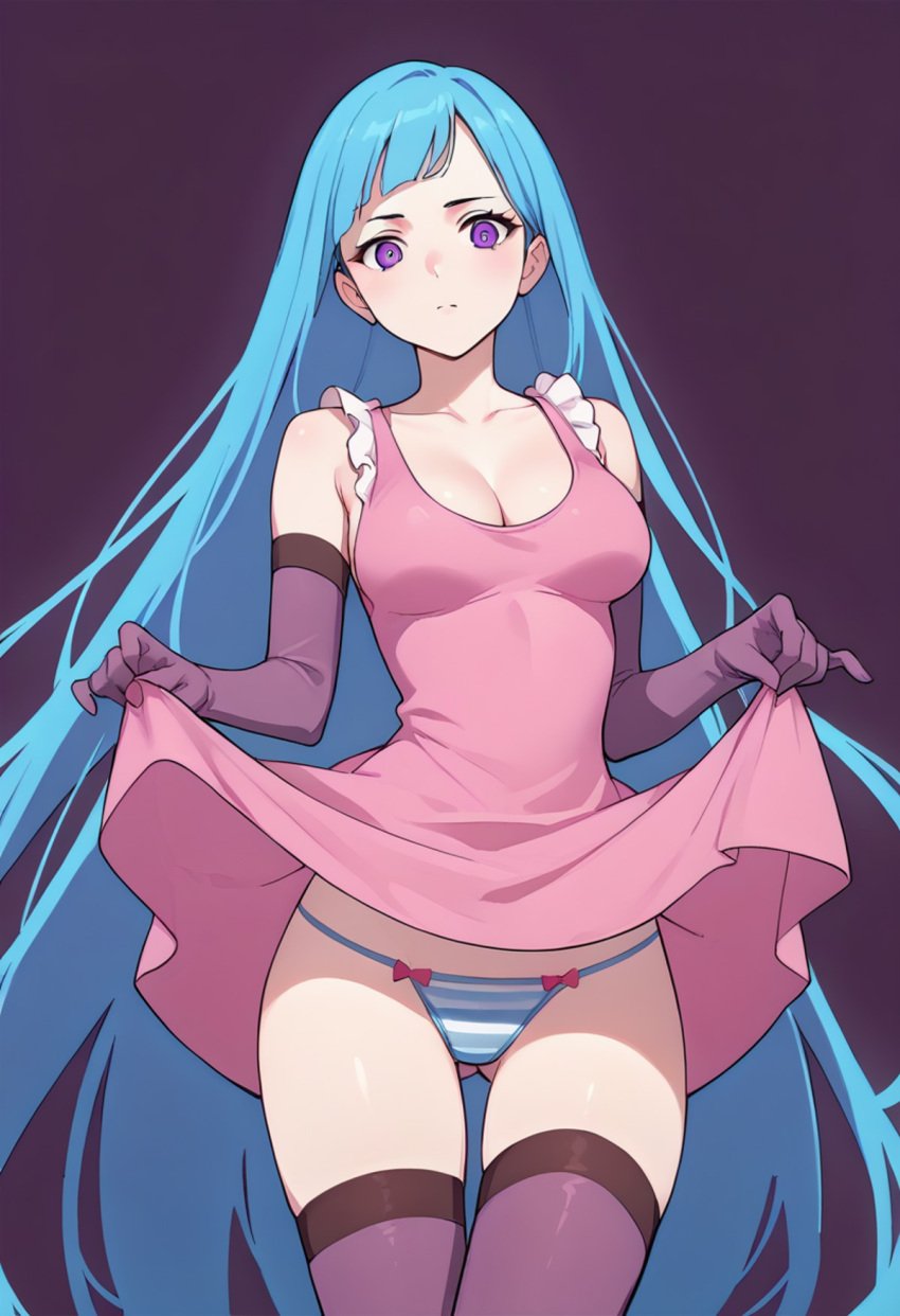 ai_generated blue_hair cleavage lifted_by_self lifting_skirt me!me!me! panties pink_dress purple_eyes showing_off showing_panties skindentation thighs