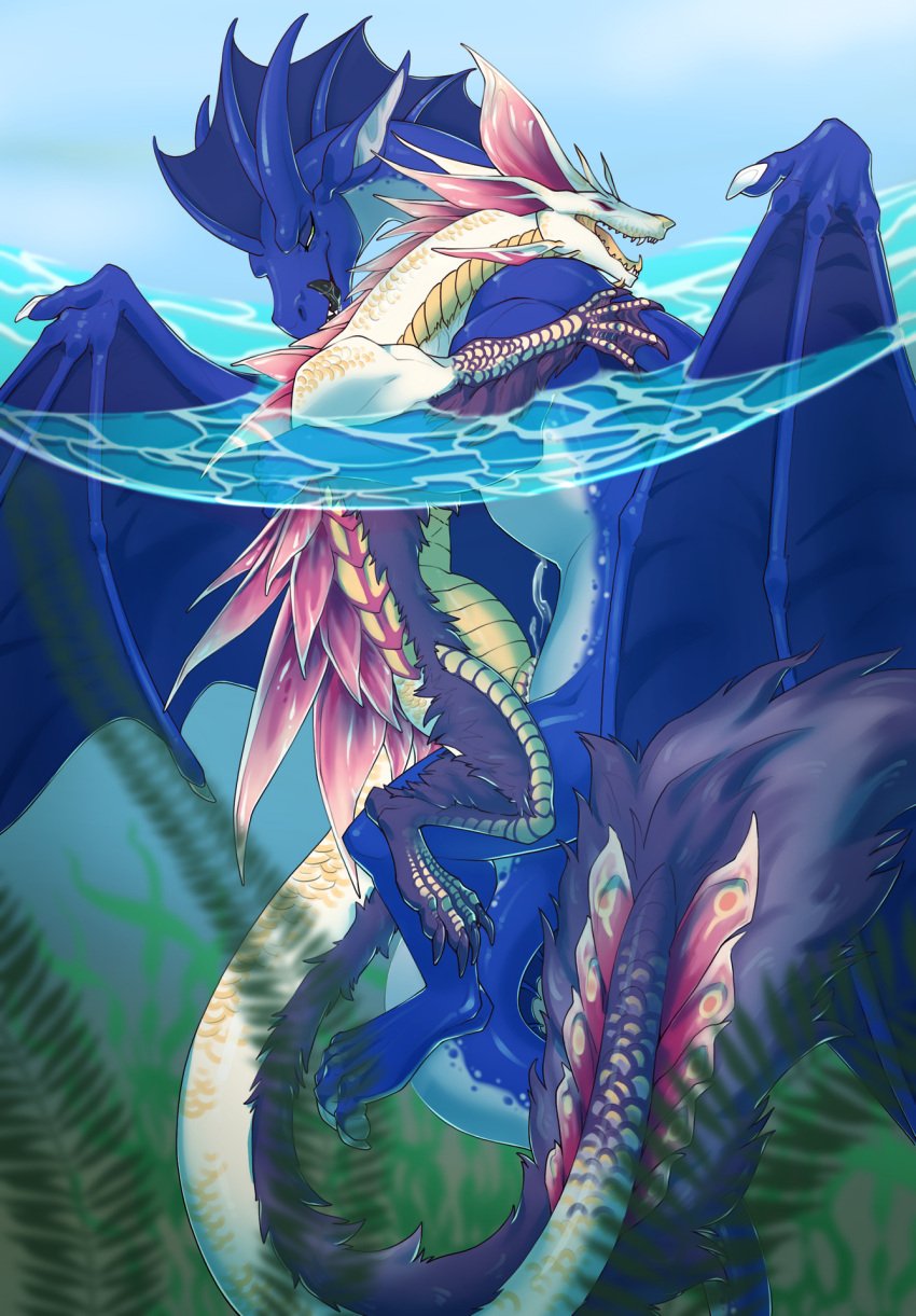 belly_scales blue_body blue_scales capcom dragon duo feral firondraak fur furred_dragon furred_scalie genitals hi_res leviathan_(mh) male male/male mizutsune monster_hunter mythological_creature mythological_scalie mythology neverneverland penetration penis purple_body purple_fur scales scalie slit_penetration slit_play white_body white_scales