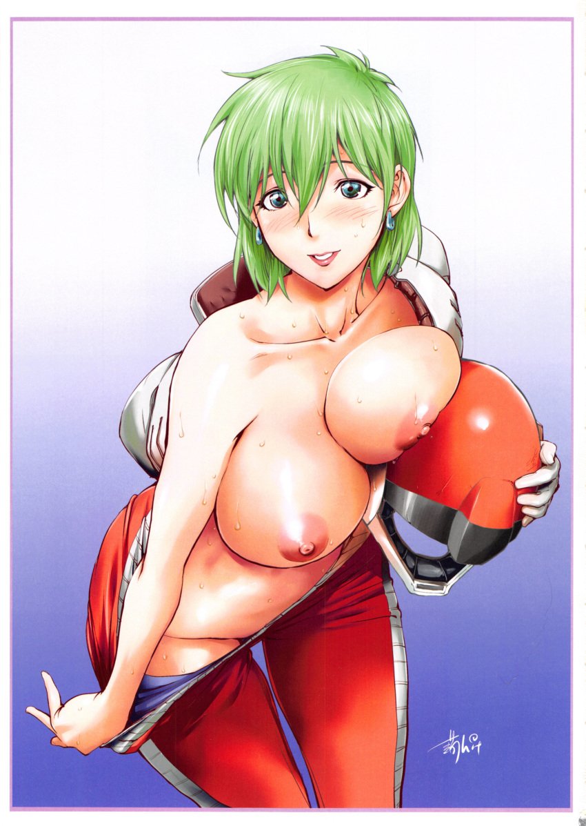 1girls 2015 absurdres aina_saharin blue_eyes blush bodysuit breasts curvaceous earrings female gradient gradient_background green_hair gundam gundam_08th_ms_team hair headgear helmet highres homare_(fool's_art) human jewelry konkitto large_breasts looking_at_viewer nipples open_clothes pale-skinned_female pale_skin parted_lips pilot_suit presenting pulling short_hair signature simple_background smile solo sweat undressing wide_hips zeon