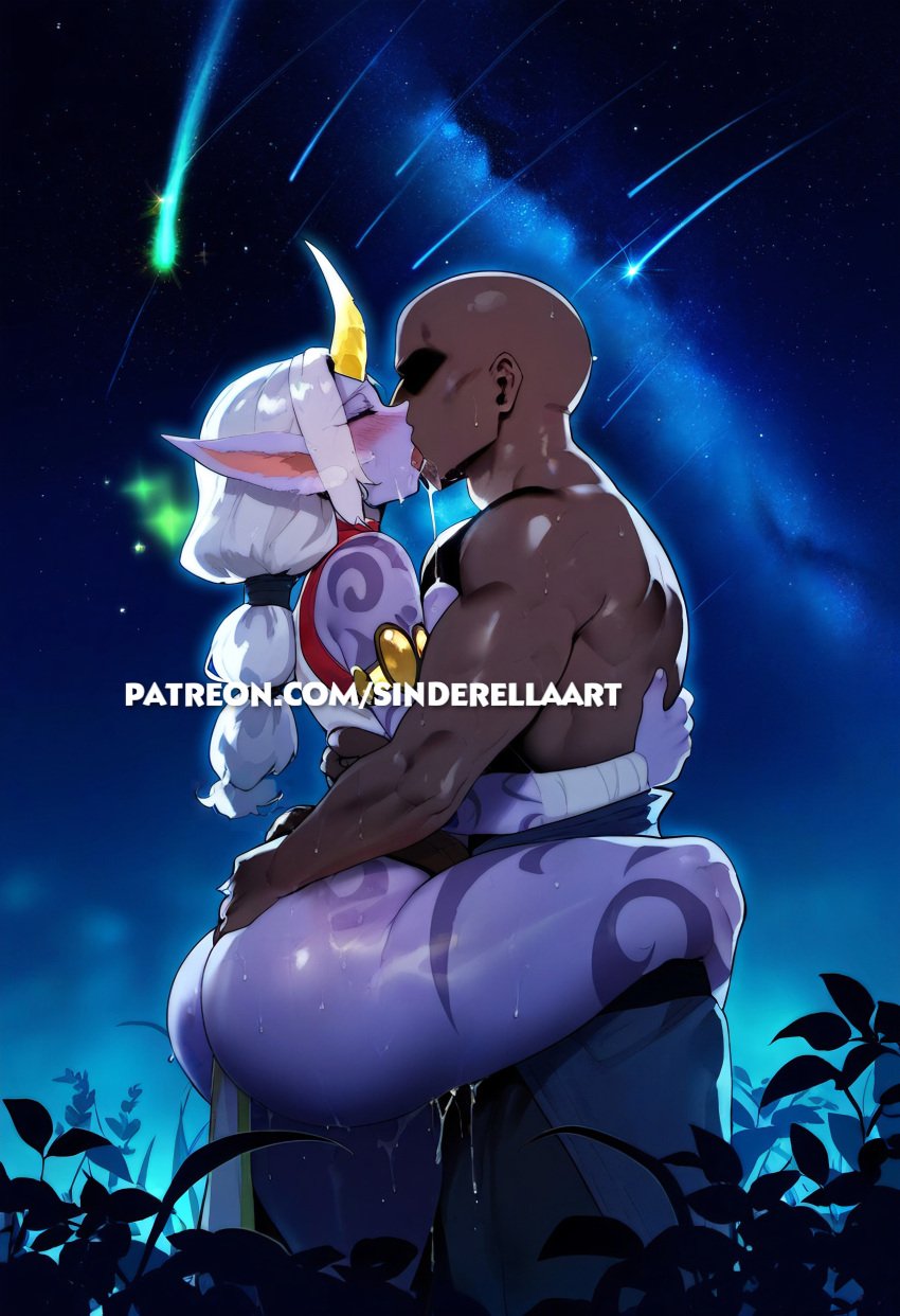 1girls ai_generated ass big_ass big_breasts big_butt breasts cheating dark-skinned_male female huge_breasts interracial kissing kissing large_ass large_breasts league_of_legends making_out netorare ntr riot_games sinderellaart soraka tencent