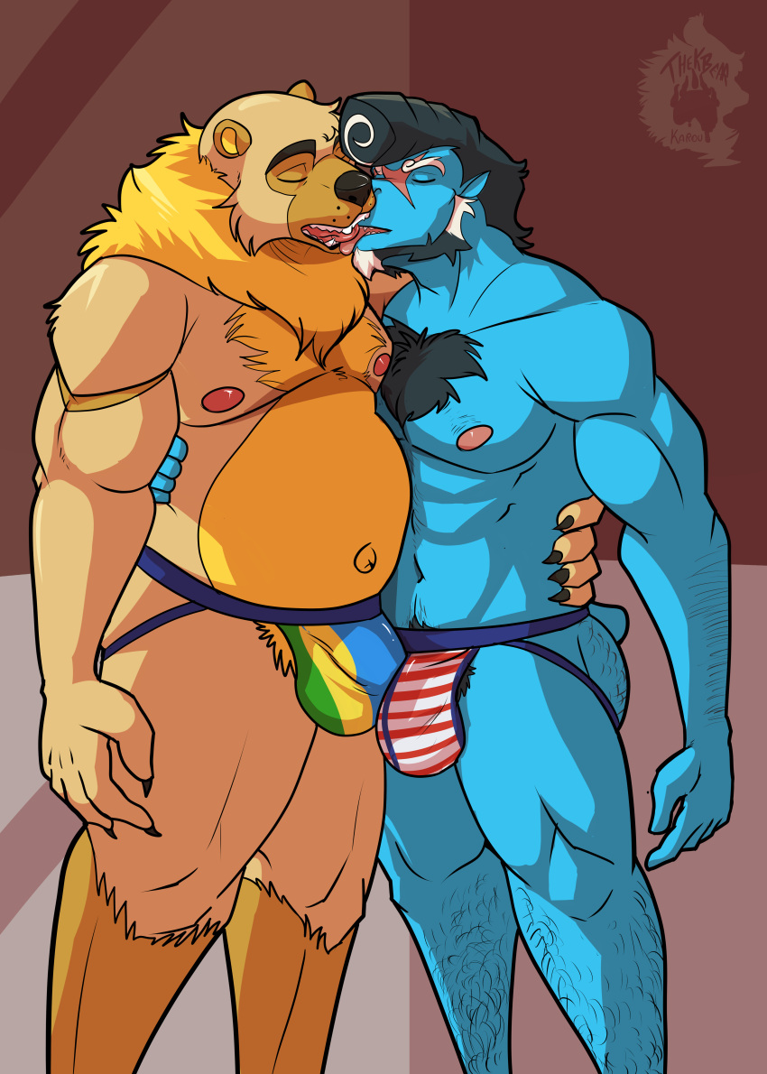 absurd_res anthro bear blue_body bulge bulge_frottage chest-hair clawed_fingers clothed clothing dragon french_kissing hairy_legs hi_res jockstrap jockstrap_only karou_kermode kissing kori_ice_cream_(monkeydbax) male male/male male_anthro mammal mane muscular muscular_anthro muscular_male mythological_creature mythological_scalie mythology navel nipples outie_navel pompadour pubes scalie slightly_chubby slightly_chubby_anthro slightly_chubby_male thekinkybear topless underwear underwear_only yellow_body