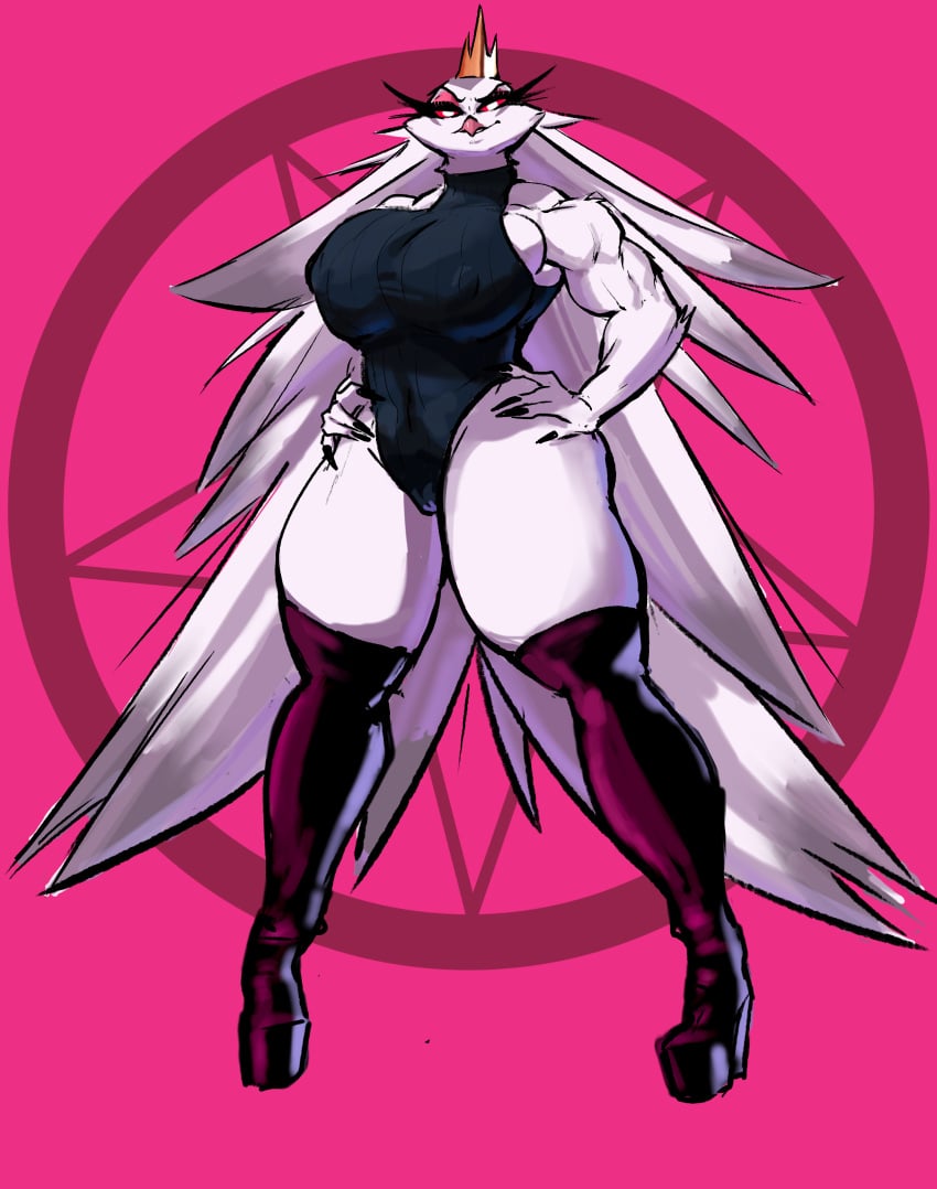 absurd_res anthro ass avian beak big_breasts bird boots breasts clothing crown demon digital_media_(artwork) feathers female footwear hair headgear helluva_boss hi_res latex latex_clothing latex_legwear legwear looking_at_viewer nipple_outline nipples occult_symbol one_piece_suit owl owl_demon pentagram shoes simple_background sleeveless smile solo stella_(helluva_boss) sweater symbol tail topwear trailmixtrail turtleneck white_body white_feathers