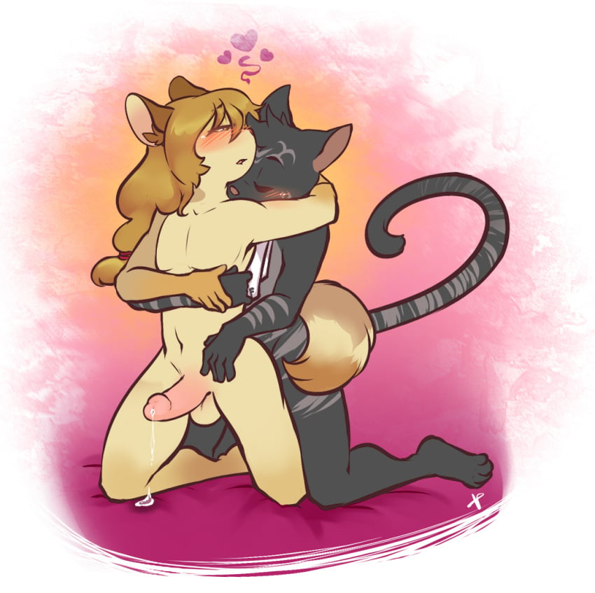 2boys anal anal_sex anthro blush canine cum dripping embrace fancy-fancy feline femboy from_behind hair heart holding isabeau love male male_only nude oozing penis precum romantic scarf sex tail_hug western_art wolf