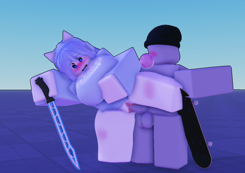 1boy 1boy1girl 1girls 3d artist_request balls blue_eyes blue_hair bottomless cat_ears no_panties penis puri_(youtuber) pussy roblox roblox_puri robloxian source_request sword tagme white_body youtuber