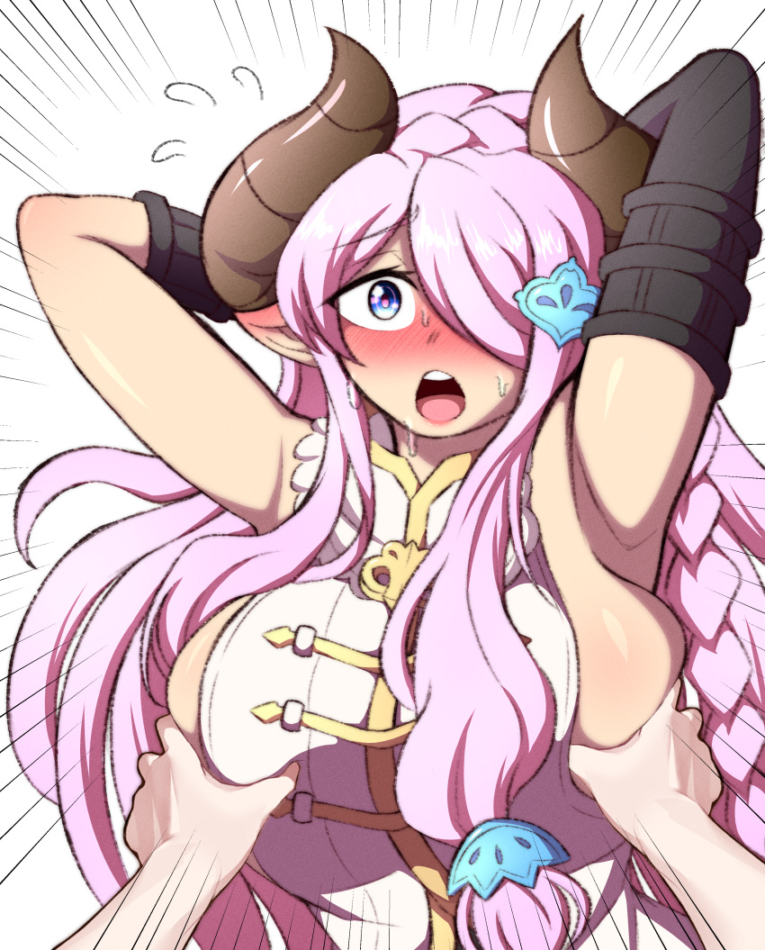 1boy 1girls big_breasts blue_eyes blush boob_grab breast_grab breasts female granblue_fantasy jodles7 light-skinned_female light-skinned_male light_skin narmaya_(granblue_fantasy) sweatdrop