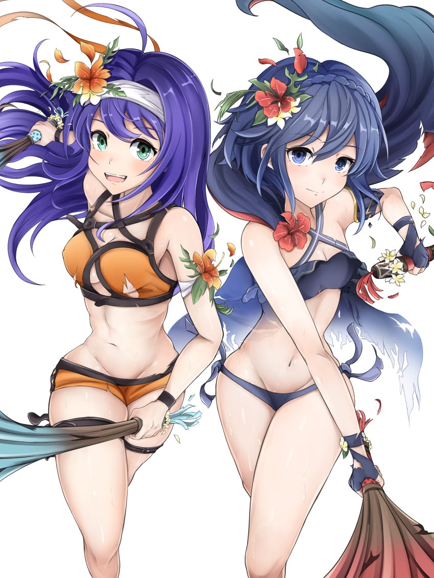 2girls alternate_costume alternate_hairstyle bare_midriff bare_thighs bikini blue_bikini blue_eyes blue_hair blue_swimsuit cleavage dual_wielding fingerless_gloves fire_emblem fire_emblem:_path_of_radiance fire_emblem:_radiant_dawn fire_emblem_awakening fire_emblem_heroes gloves green_eyes lucina_(fire_emblem) medium_breasts mia_(fire_emblem) midriff nenemu0 nintendo official_alternate_costume official_alternate_hairstyle orange_bikini orange_swimsuit purple_hair see-through small_breasts swimsuit symbol-shaped_pupils thighs white_background