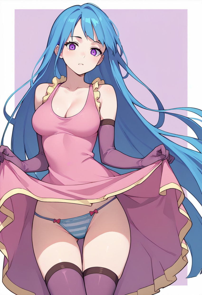 ai_generated blue_hair cleavage me!me!me! meme_(me!me!me!) panties pink_dress purple_eyes skindentation thighs