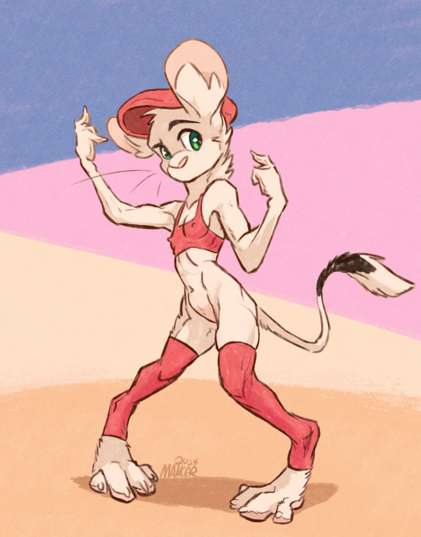 2024 animancer bottomless breasts clothed clothing dipodid female fur green_eyes hat headgear headwear hi_res jerboa legwear luck_(animancer) mammal nipples programmer_socks rodent small_breasts solo standing thigh_highs white_body white_fur