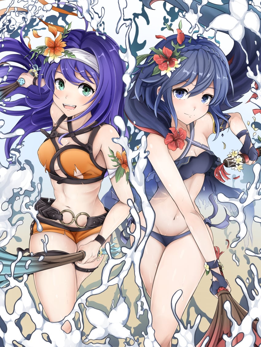 2girls alternate_costume alternate_hairstyle bare_midriff bare_thighs beach bikini blue_bikini blue_eyes blue_hair blue_swimsuit cape cleavage dual_wielding fingerless_gloves fire_emblem fire_emblem:_path_of_radiance fire_emblem:_radiant_dawn fire_emblem_awakening fire_emblem_heroes gloves green_eyes lucina_(fire_emblem) lucina_(summer)_(fire_emblem) medium_breasts mia_(fire_emblem) mia_(summer)_(fire_emblem) midriff nenemu0 nintendo ocean official_alternate_costume official_alternate_hairstyle orange_bikini orange_swimsuit purple_hair see-through small_breasts swimsuit symbol-shaped_pupils thighs water