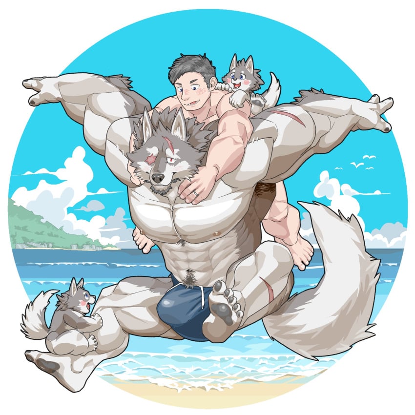 abs anthro armpit_hair bara beach beard big_muscles big_pecs blush body_hair bulge canid canine canis carrying_another carrying_partner chan_kiti_chan_(artist) clothed clothing daddy dilf eye_scar facial_hair facial_scar family father_(lore) father_and_child_(lore) father_and_son_(lore) fur grey_body grey_fur grey_hair group hair hi_res holding_partner huge_muscles huge_pecs human human_on_anthro hunk interspecies larger_anthro larger_male male male/male mammal multicolored_body multicolored_fur muscular muscular_anthro muscular_male navel nipples nude parent_(lore) parent_and_child_(lore) parent_and_son_(lore) pecs piggyback pubes sand scar size_difference smaller_human smaller_male son_(lore speedo speedo_only swimwear topless topless_male water white_body white_fur wolf