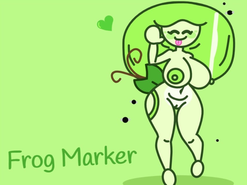 1girls cheerful find_the_markers flies frog frog_girl frog_marker green_body green_hair light_green_skin lilypad naked tongue_out waving_at_viewer