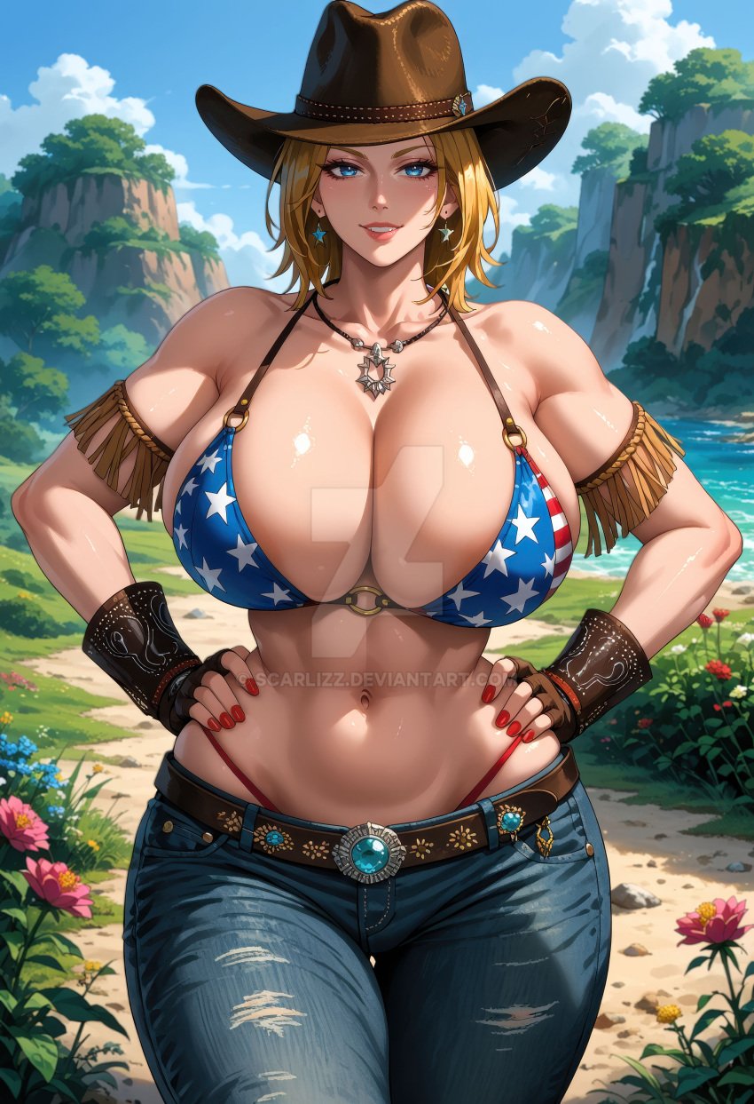 1girls abs ai_generated american_flag_bikini big_breasts blonde_hair blue_eyes cleavage cowboy_hat curvaceous curvy_female dead_or_alive earrings female female_only hand_on_hip headwear jeans large_breasts light-skinned_female light_skin looking_at_viewer muscular_arms muscular_female nail_polish outside scarlizz short_hair tecmo thick thick_thighs thong thong_above_pants thong_straps tina_armstrong wide_hips