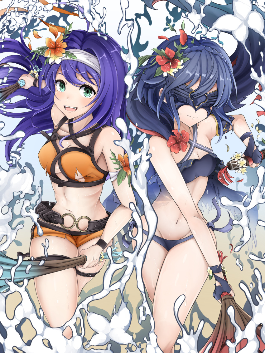 2girls alternate_costume alternate_hairstyle bare_midriff bare_thighs beach bikini blue_bikini blue_hair blue_swimsuit cape cleavage dual_wielding fingerless_gloves fire_emblem fire_emblem:_path_of_radiance fire_emblem:_radiant_dawn fire_emblem_awakening fire_emblem_heroes gloves green_eyes lucina_(fire_emblem) lucina_(summer)_(fire_emblem) marth_(fire_emblem_awakening) mask medium_breasts mia_(fire_emblem) mia_(summer)_(fire_emblem) midriff nenemu0 nintendo ocean official_alternate_costume official_alternate_hairstyle orange_bikini orange_swimsuit purple_hair see-through small_breasts swimsuit thighs water