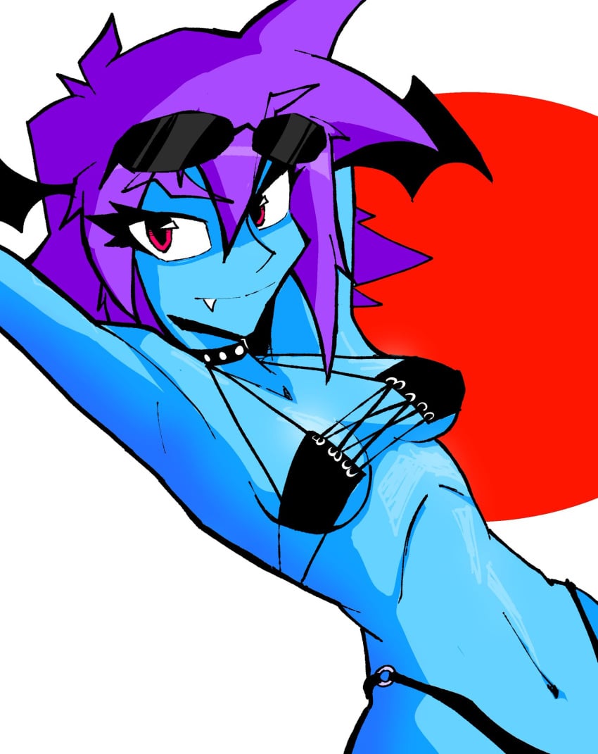 1girls armpits arms_up bat_wings belly belly_button bikini blackwidow_apocalypse blue_body capslockcrush collar demon demon_girl female female_focus female_only midriff mourningstar official_art official_artist pink_eyes purple_hair sharp_teeth small_breasts spiked_collar string_bikini sunglasses webcomic webtoon white_background