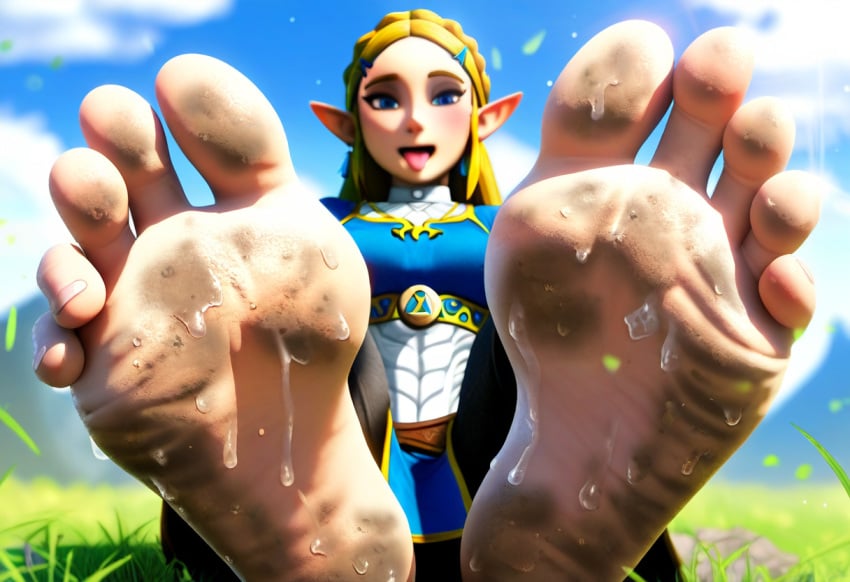 ai_generated barefoot big_feet blonde_hair blue_eyes cum cum_drip cum_dripping cum_on_feet detailed_feet dirty_feet eye_contact feet feet_up foot_fetish foot_focus looking_at_viewer nintendo offering_to_viewer outdoors pov pov_feet princess_zelda realistic smelly_feet soles su_whore_(artist) sweating sweaty sweaty_feet the_legend_of_zelda tongue tongue_out wrinkled_feet wrinkled_soles zelda_(breath_of_the_wild)