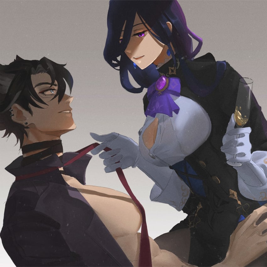 1boy 1girls 2d artist_request blue_hair busty champagne champagne_glass clorinde_(genshin_impact) female genshin_impact looking_at_partner male male/female on_lap open_clothes open_shirt pecs pectorals pulling_tie purple_eyes sitting_on_lap straight tie_pull tight_clothing wriothesley_(genshin_impact)