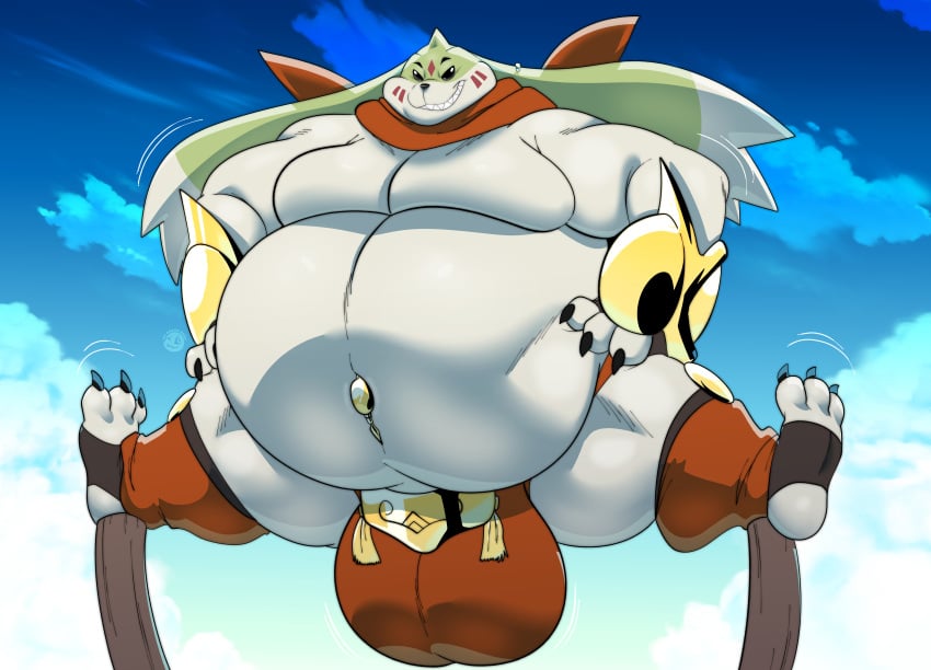 absurd_res armor balls bandai_namco belly big_balls briefs bulge clawed_fingers claws clothing digimon digimon_(species) feet flexible foot_wraps gargomon gauntlets genitals gloves handwear hi_res horn huge_balls kerchief long_ears male moobs navel neckerchief outie_navel overweight satsui-n0-had0u solo splits spread_legs spreading toe_claws underwear wraps