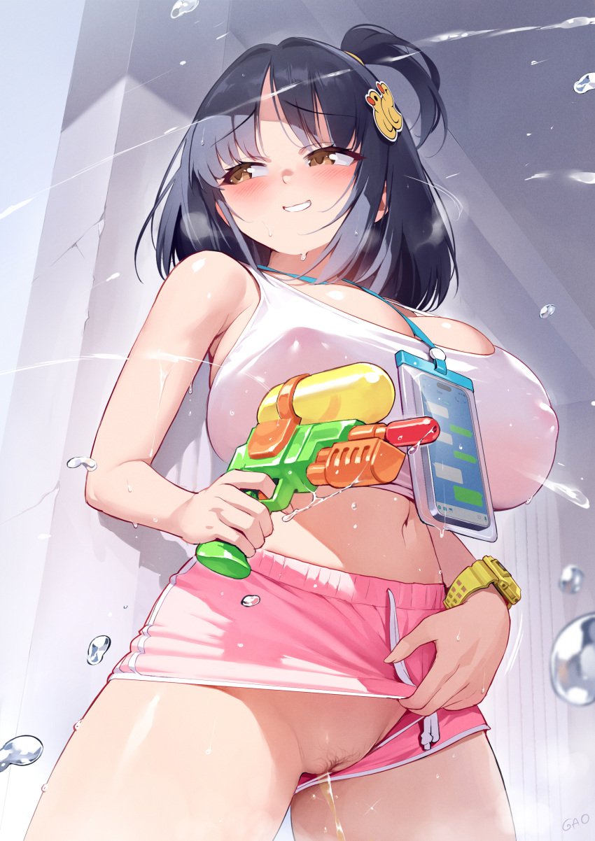 2d 2d_(artwork) 2d_artwork armpits artist_name belly_button big_ass big_breasts big_butt blush blush_lines blushing breasts breasts_bigger_than_head breasts_squeezed_together brown_eyes cleavage cleavage_overflow color colored dark_blue_hair duck_hair_ornament exposed_pussy exposed_shoulders exposed_thighs eyebrows_visible_through_hair female female_focus female_only gao-lukchup gao_(gaolukchup) gym_shorts hair_ornament hair_tied high_resolution hip_dips hips holding_shorts huge_breasts labia_majora lanyard lanyard_between_breasts large_ass large_breasts large_butt loogchoob_(gaolukchup) looking_at_another mons_pubis mound_of_venus navel navel_line nipple_bulge nipples_visible_through_clothing no_bra no_panties offscreen_character original_character overflowing_breasts pale-skinned_female pale_skin peeing phone pink_short_shorts pink_shorts pissing pubic_hair pubic_mound pubic_stubble shiny shiny_breasts shiny_hair shiny_skin shiny_thighs short_shorts shorts shorts_aside smile smiling smiling_at_another squirt_gun tagme taking_cover tank_top thick thick_ass thick_butt thick_hips thick_legs thick_thighs uncensored uncensored_pussy uncensored_vagina upshorts vagina watch water water_pistol watergun wet wet_body wet_skin white_shirt wide_hips