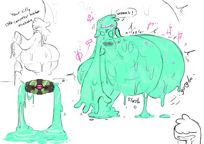 bra compressed_breasts dialogue gigantic_breasts hyper_breasts onomatopoeia original_character slime slime_girl yobaba