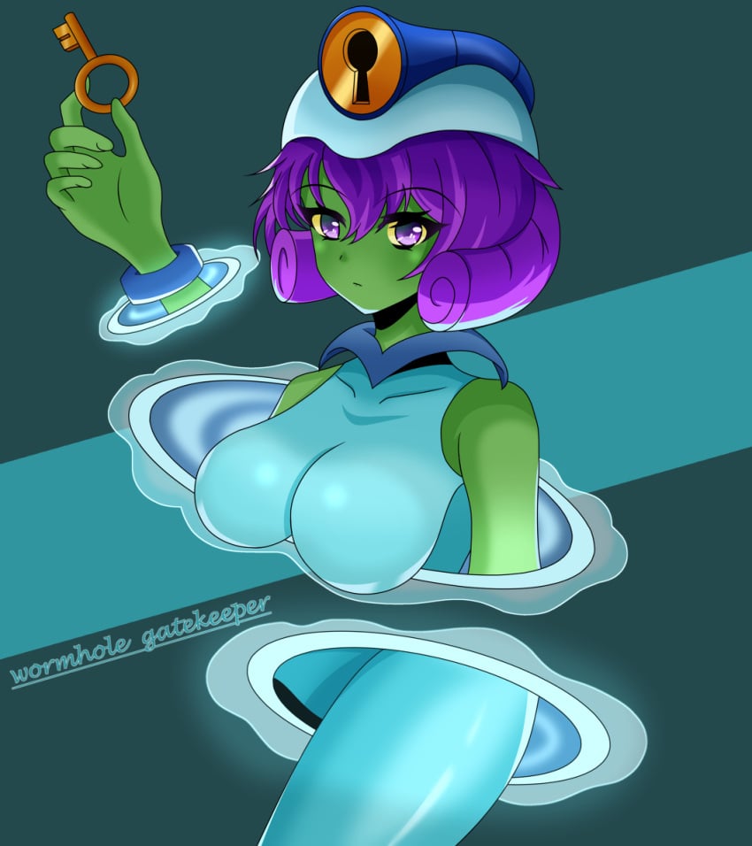 breasts drat drat_(artist) hat key plants_vs_zombies plants_vs_zombies:_heroes popcap_games portal purple_hair pvz tight_clothing undead vagina wormhole wormhole_gatekeeper_(pvz) zombie zombie_(pvz) zombie_girl