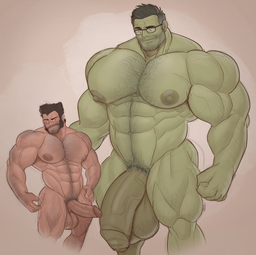 balls bara big_balls big_penis body_hair boner erection flaccid gab_art glasses hulk hulk_(series) james_howlett male male_only marvel marvel_comics muscles muscular nude penis penis_size_difference size_difference wolverine_(x-men) x-men