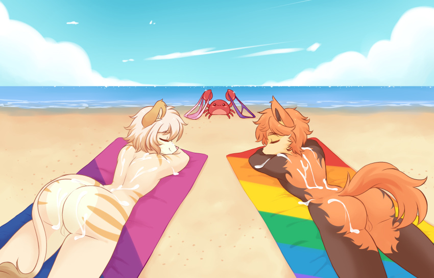 anthro ass backsack balls beach big_butt bisexual_pride_colors bodily_fluids canid canine canis clothing crab_stealing_clothing cum cum_on_back cum_on_butt domestic_dog felid feline finn_(itsjay) genital_fluids genitals hi_res hunting_dog inosagi irish_wolfhound lgbt_pride lion male male/male mammal nude outside pantherine pride_colors public public_nudity rainbow_flag rainbow_pride_flag rainbow_symbol sea sighthound sleeping swimwear water