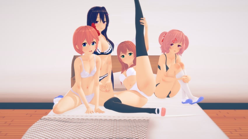 4girls bra doki_doki_literature_club ecxreaper legs_apart legs_spread looking_at_viewer monika_(doki_doki_literature_club) natsuki_(doki_doki_literature_club) on_bed panties sayori_(doki_doki_literature_club) underwear yuri_(doki_doki_literature_club)