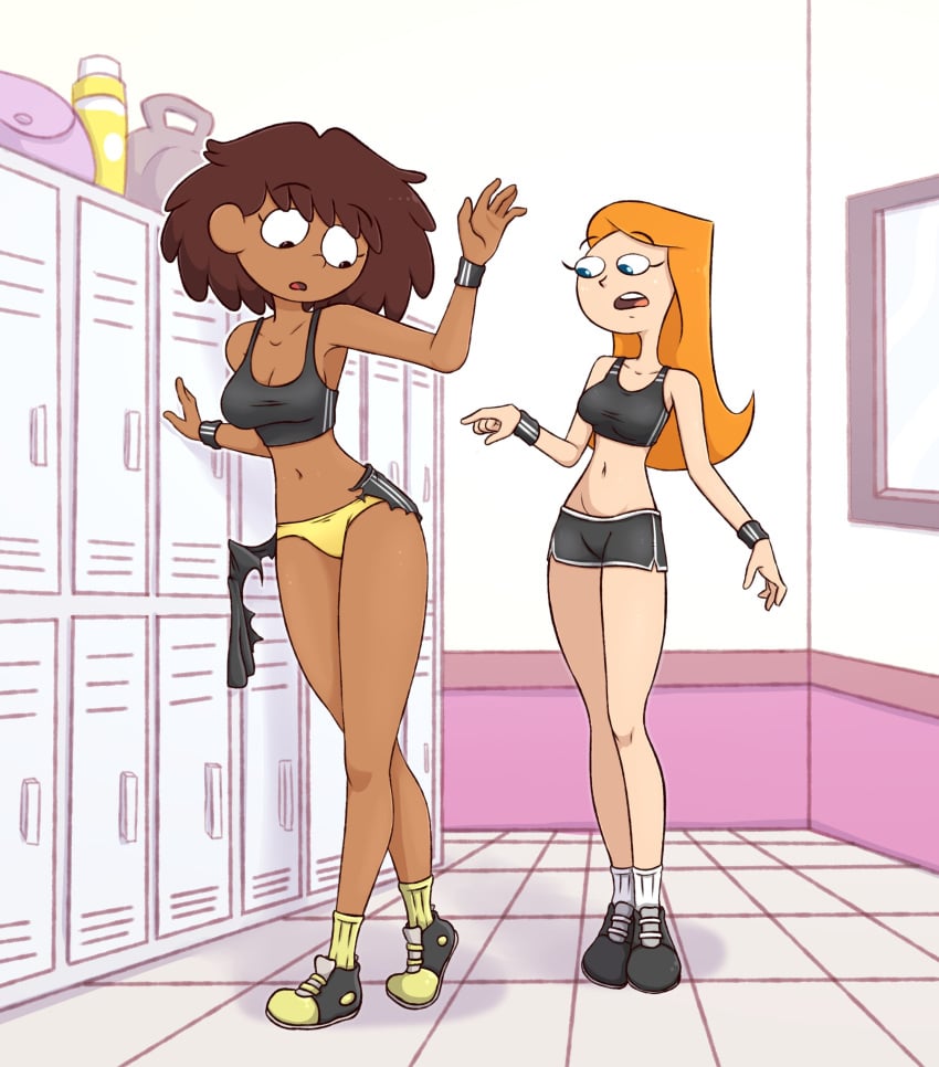 2d 2d_(artwork) 2d_artwork 2girls accidental_exposure amphibia anne_boonchuy breasts brown_hair candace_flynn clothed clothed_female clothing crossover dark-skinned_female dark_skin disney drawsoyeah female hair heyloodsdraws light-skinned_female light_skin locker locker_room long_hair multiple_girls orange_hair panties phineas_and_ferb sneakers sports_bra sportswear torn_clothes yellow_panties