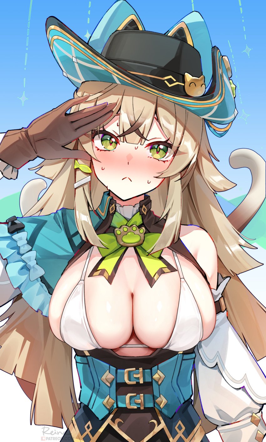 1girls alternate_breast_size blonde_hair breasts cat_ears catgirl cleavage female female_only foxyreine genshin_impact green_eyes kirara_(genshin_impact) large_breasts light-skinned_female light_skin long_hair