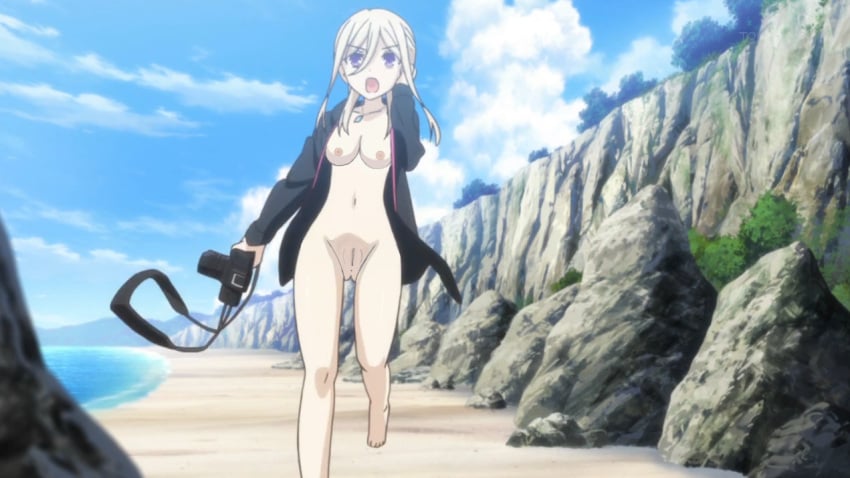 ankles anus anus_peek ass ass_visible_through_thighs bare_legs barefoot beach big_breasts blonde_hair boobs buttocks camera cliff coat coat_on_shoulders coat_only collar collarbone crotch date_a_live ellen_mira_mathers feet hips hips_wider_than_shoulders knees light-skinned_female mature_female mature_woman naked naked_female navel nipples no_panties nude nude_coat nude_female pantless purple_eyes pussy running shouting thick_thighs thighs tits vagina vulva waist