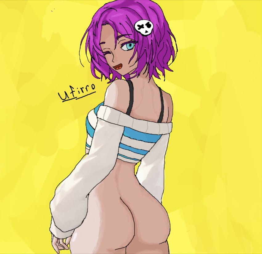 ass ass_focus big_ass_(female) blue_eyes brawl_stars half-dressed one_female penny_(brawl_stars) pirate purple_hair