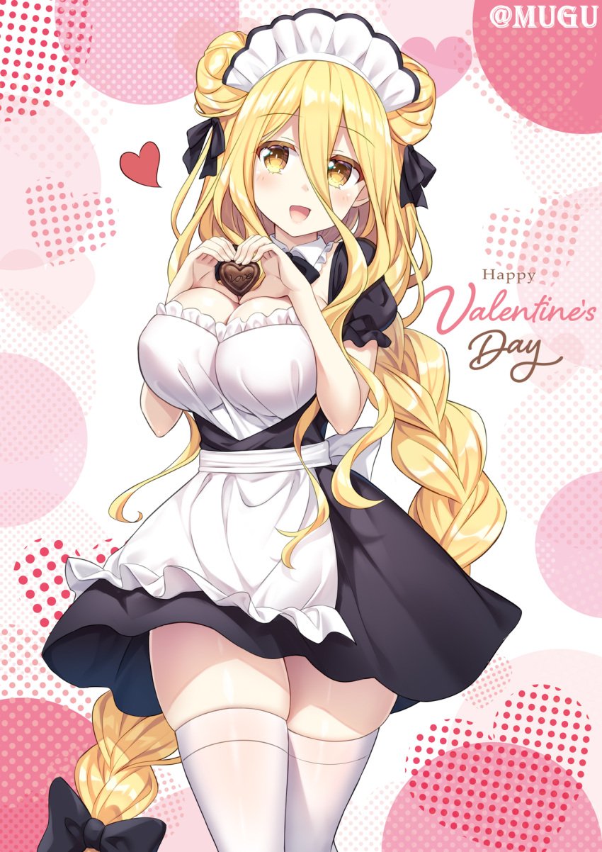 2d blonde_hair breasts chocolate cleavage date_a_live female female_only hoshimiya_mukuro light-skinned_female long_hair maid maid_headdress maid_uniform socks socks_(marking) solo solo_female thighs tsubasaki yellow_eyes