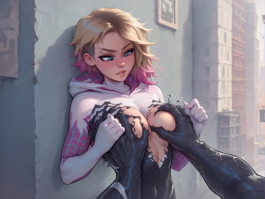ai_generated confused grabbing_breasts gwen_stacy gwen_stacy_(spider-verse) marvel marvel_comics meat_master nipple_piercing nipples pierced_nipples piercing public public_nudity spider-man_(series) torn_clothes venom_(marvel)
