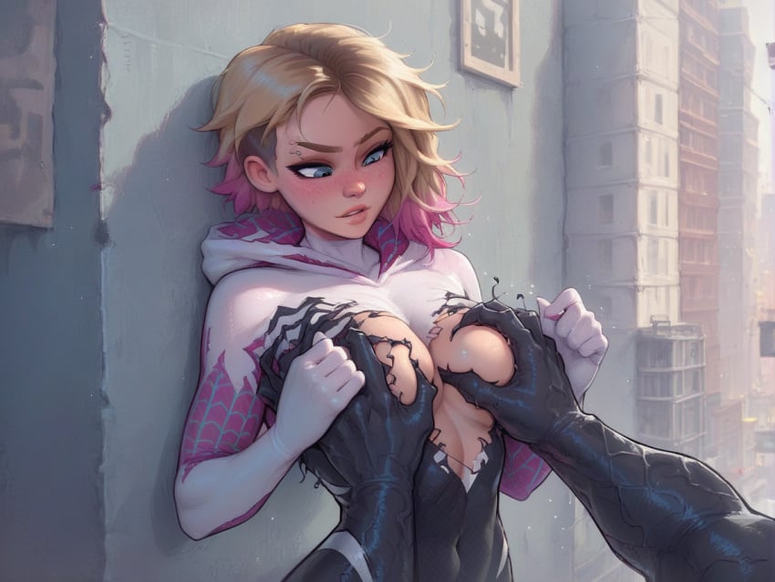 1girls ai_generated confused female grabbing_breasts gwen_stacy gwen_stacy_(spider-verse) light-skinned_female marvel marvel_comics meat_master nipple_piercing nipples pierced_nipples piercing public public_nudity spider-gwen spider-man_(series) torn_clothes venom_(marvel)