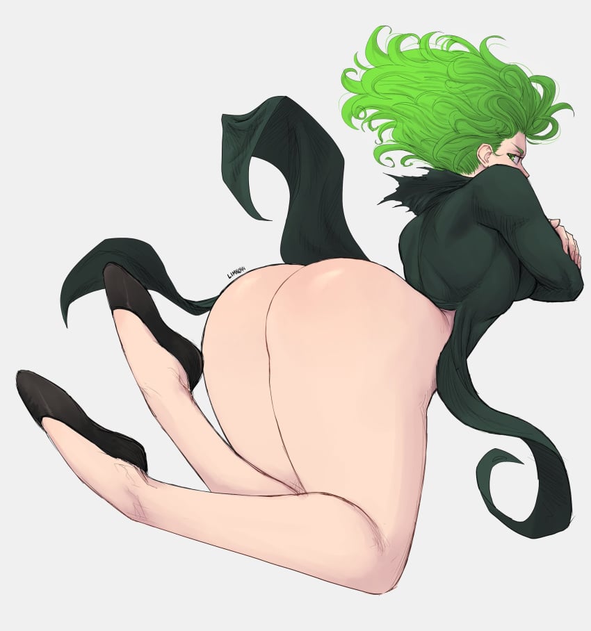 1girls angry_expression artist_name ass_focus barely_clothed bottom_heavy bottomless flats floating green_hair huge_ass limn044 looking_at_viewer no_panties one-punch_man simple_background small_breasts tatsumaki thick_thighs