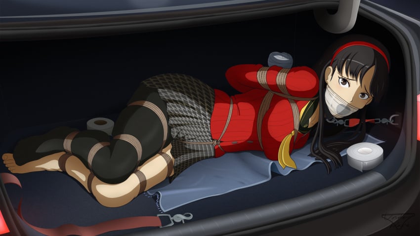 1girls 2d 2d_(artwork) amagi_yukiko atlus black_hair bondage bound car_trunk clothed collar female female_only gag gagged in_trunk kidnapped looking_at_viewer persona persona_4 school_uniform schoolgirl sega solo submissive submissive_female underware video_game yukiko_amagi