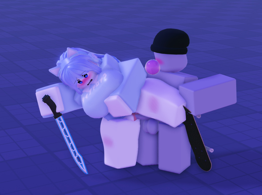 1boy 1boy1girl 1girls 3d artist_request balls blue_eyes blue_hair bottomless cat_ears no_panties penis puri_(youtuber) pussy roblox roblox_puri robloxian source_request sword tagme white_body youtuber