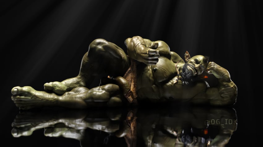 3d_(artwork) abs digital_media_(artwork) genitals goblin green_body green_skin hi_res humanoid humanoid_pointy_ears lying male muscular muscular_humanoid muscular_male nipples og_idk on_side pecs penis solo vein veiny_muscles