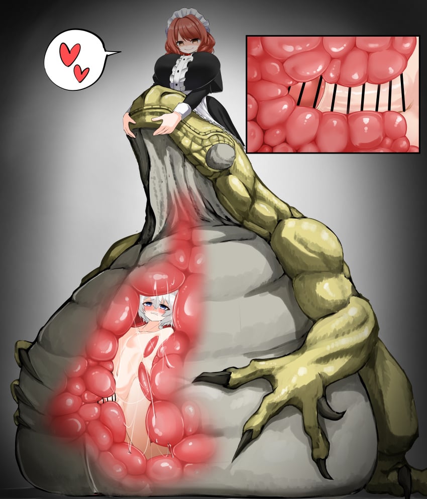 1girls belly belly_bulge big_belly censored dokukasa erection female femboy great_jagras huge_belly internal internal_view maid maid_headdress maid_uniform male monster monster_pred monster_vore penis red_hair reptile scalie stomach vore x-ray