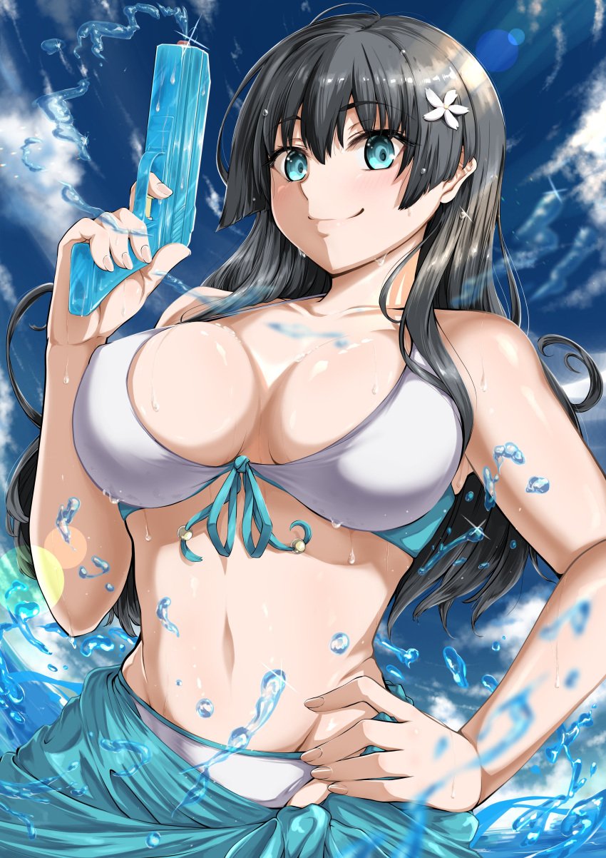 1girls beach big_breasts bikini black_hair breasts busty cleavage confident female female_only green_eyes hand_on_hip highres large_breasts legs long_hair looking_at_viewer navel ocean pose posing sarong saten_ruiko sensual smile solo swimsuit thighs to_aru_kagaku_no_railgun to_aru_majutsu_no_index voluptuous water_gun wet white_bikini