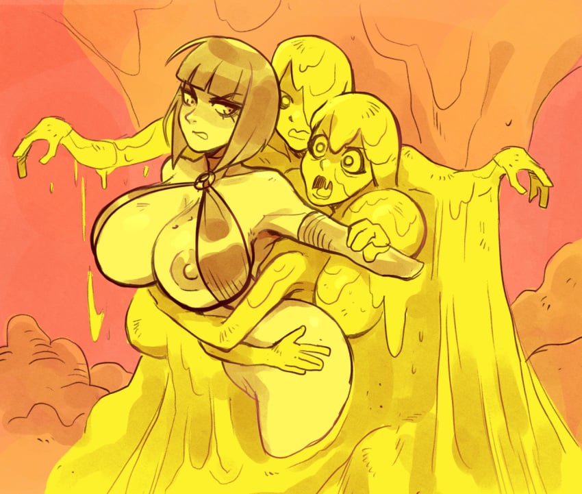 3girls angry areolae beaumont big_breasts bottomless breasts brellom elayne_beaumont female female_only fringe grabbing grabbing_from_behind hi_res human light-skinned_female monster monster_girl multiple_girls nipple_slip nipples peril sand sand_elemental