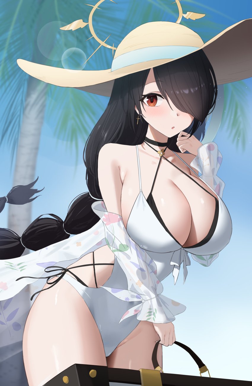 1girls bag beach black_hair blue_archive braided_ponytail breasts choker earrings hair_over_one_eye halo hinata_(blue_archive) holding_bag large_breasts looking_at_viewer one-piece_swimsuit outside palm_tree ponytail red_eyes rk_(cc15915r) sky sun_hat swimsuit white_one-piece_swimsuit white_swimsuit